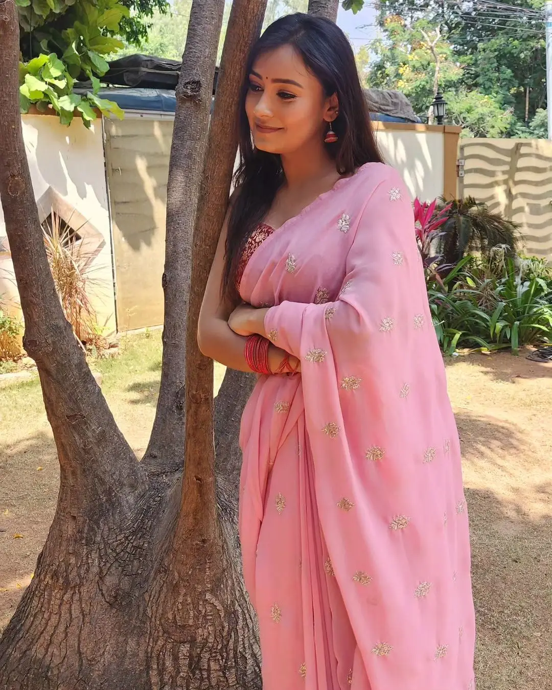 Telugu TV Actress Deepa Jagadeesh In Pink Saree Sleeveless Blouse